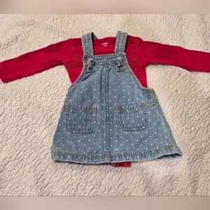 Denim Polka Dot Kids Overalls With 2 Tops, Size 12m